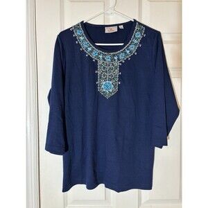 Quacker Factory 3/4 Sleeve Navy Blue Shirt LG Embroidered Beaded Turquoise Top